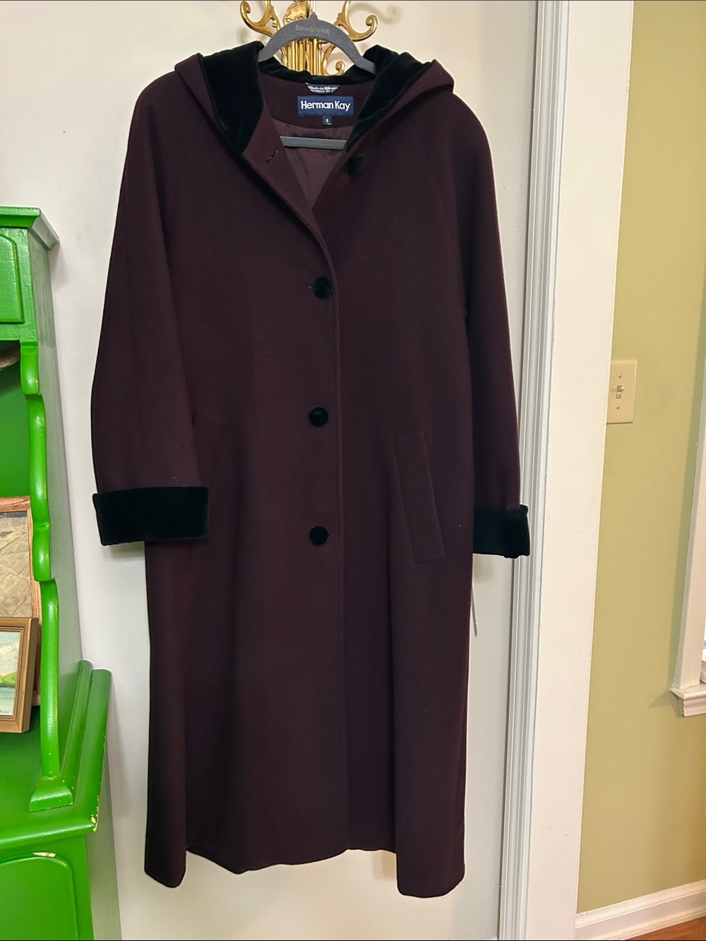 Vintage Women's Hooded Long Wool Coat in Deep Plum